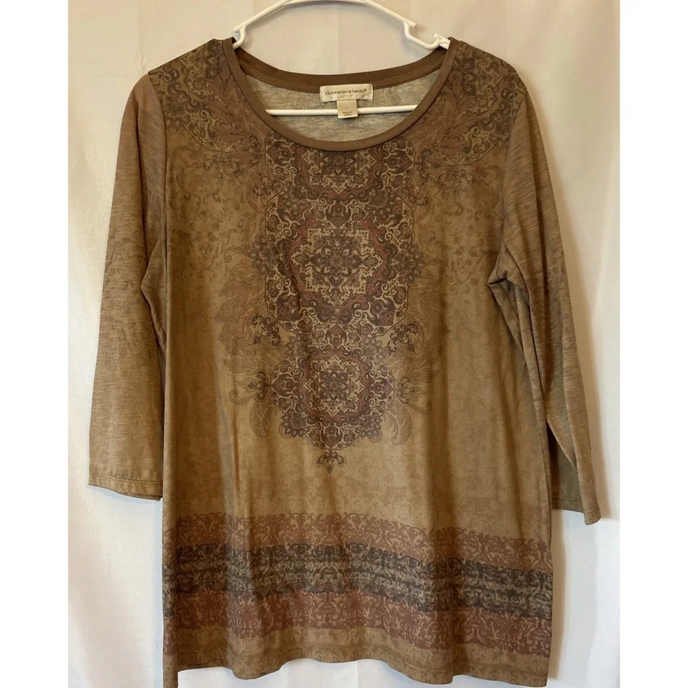 Christopher & Banks Shirt Aztec Design Suede Feel 3/4 Length Sleeves Size L - Picture 1 of 6